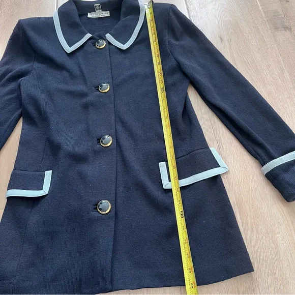 St. John Knits Classic Santana Knit Jacket Blazer‎ Navy Light Blue Trim Size L